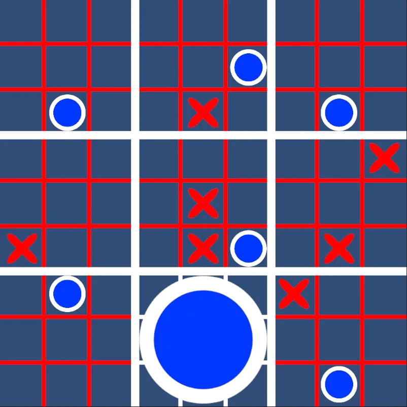 Mega Tic-Tac-Toe gameplay: a 3x3 grid of sub-boards with Xs and Os, one sub-board claimed by a large blue O
